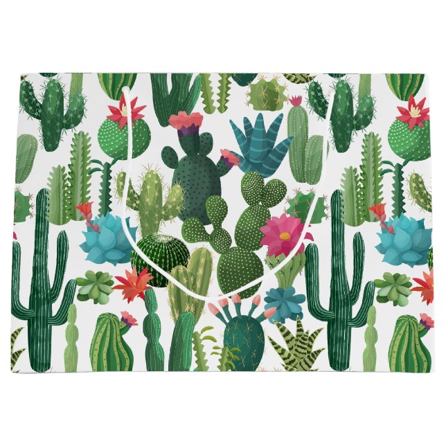 Green Teal Blooming Cacti Pattern Large Gift Bag (Front)