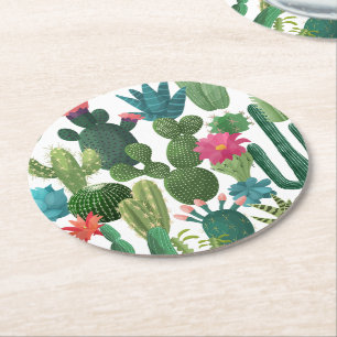 Green Teal Blooming Cacti Pattern Round Paper Coaster