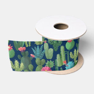 Green Teal Blooming Cacti Pattern Satin Ribbon