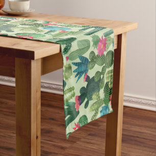 Green Teal Blooming Cacti Pattern Short Table Runner