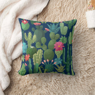 Green Teal Blooming Cacti Pattern Throw Pillow