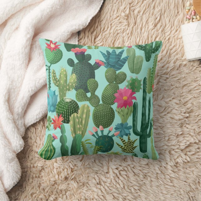 Green Teal Blooming Cacti Pattern Throw Pillow (Blanket)