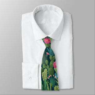 Green Teal Blooming Cacti Pattern Tie