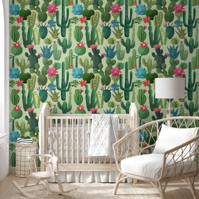 Green Teal Blooming Cacti Pattern Wallpaper (Kids)