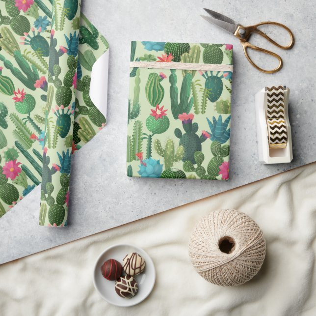 Green Teal Blooming Cacti Pattern Wrapping Paper (Crafts)