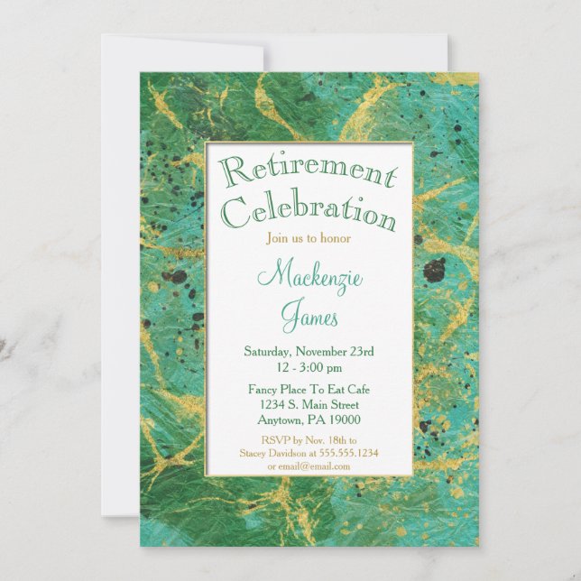 Green Teal Gold Abstract Retirement Invitation (Front)