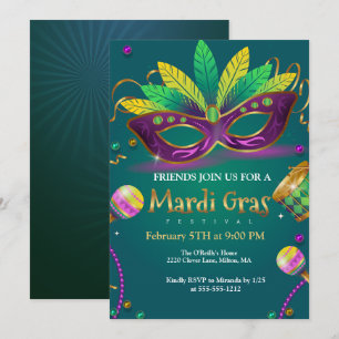 Green Teal Masquerade Masks Mardi Gras Party Invitation