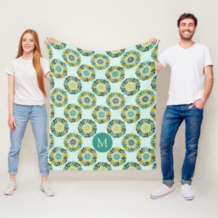 Green Teal Modern Flower Pattern Monogram Fleece Blanket