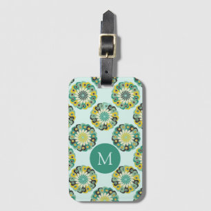 Green Teal Modern Flower Pattern Monogram Luggage Tag