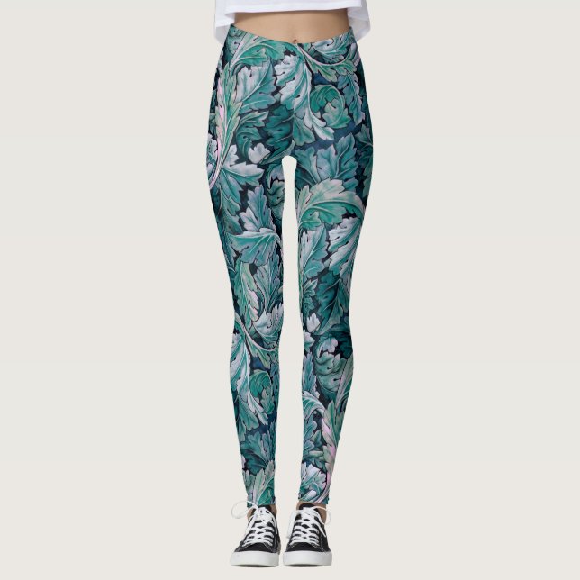 Green & Teal Morris Leaves Leggings (Front)