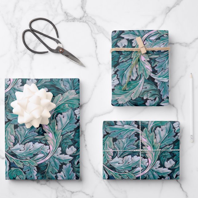 Green & Teal Morris Leaves  Wrapping Paper Sheet (Front)