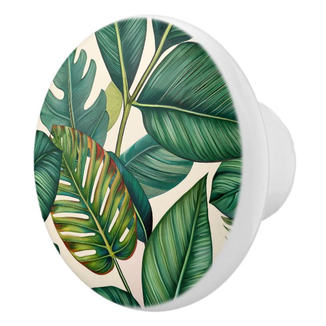 Green & Teal Palm Monstera Tropical Leaves Pattern Ceramic Knob (Right)