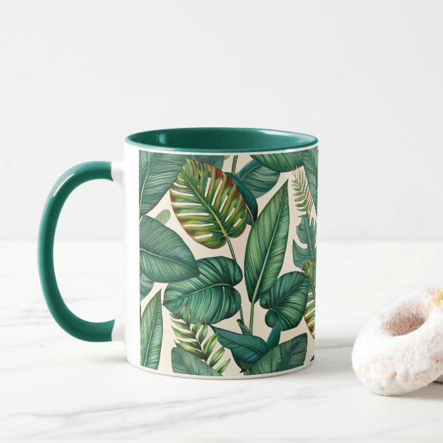Green & Teal Palm Monstera Tropical Leaves Pattern Mug (With Donut)