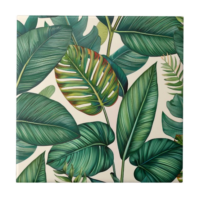 Green & Teal Palm Monstera Tropical Leaves Pattern Tile (Front)