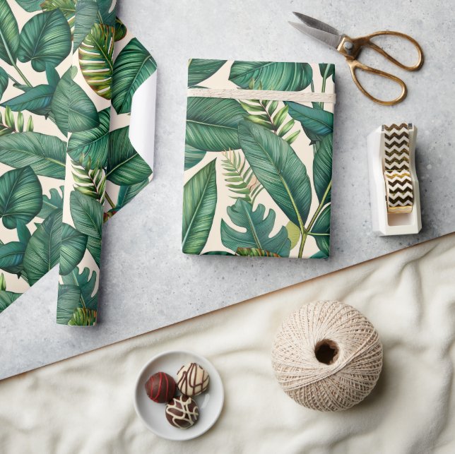 Green & Teal Palm Monstera Tropical Leaves Pattern Wrapping Paper (Crafts)