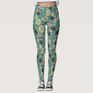 Green Teal Pink Floral Playful Mix Pattern Leggings