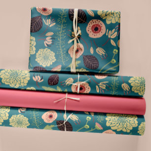 Green Teal Pink Floral Playful Mix Pattern Wrapping Paper Sheet