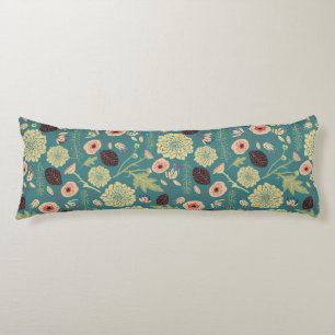 Green Teal Pink Floral Toss Pattern Body Pillow