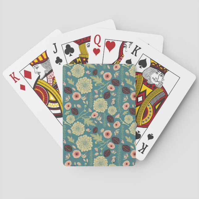 Green Teal Pink Floral Toss Pattern Playing Cards (Back)