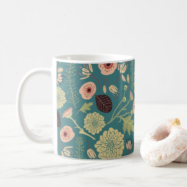 Green Teal Pink Floral Toss Patterned Flowers Coffee Mug (With Donut)