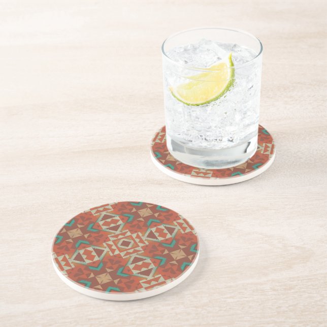 Green Teal Rust Orange Beige Brown Red Tribal Art Coaster (Side)