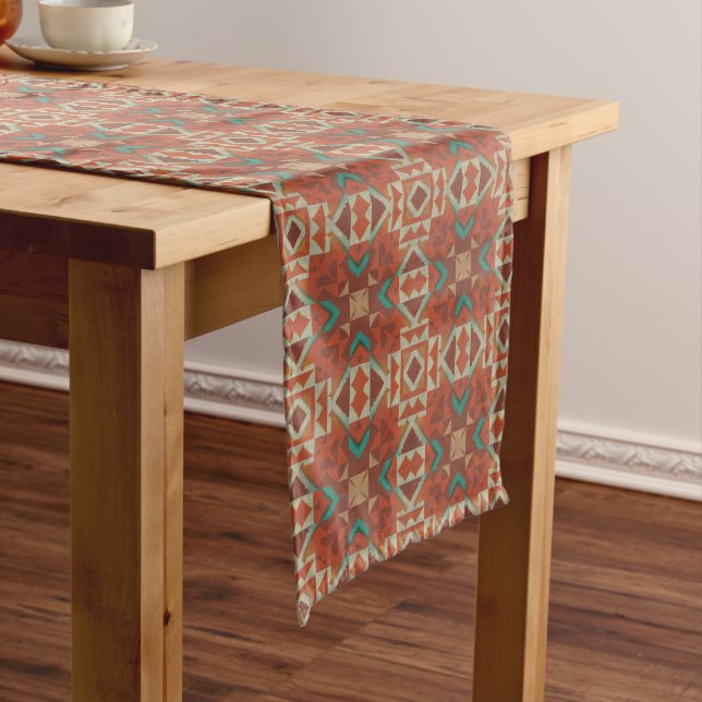 Green Teal Rust Orange Beige Brown Red Tribal Art Medium Table Runner (In Situ)