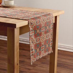 Green Teal Rust Orange Beige Brown Red Tribal Art Short Table Runner