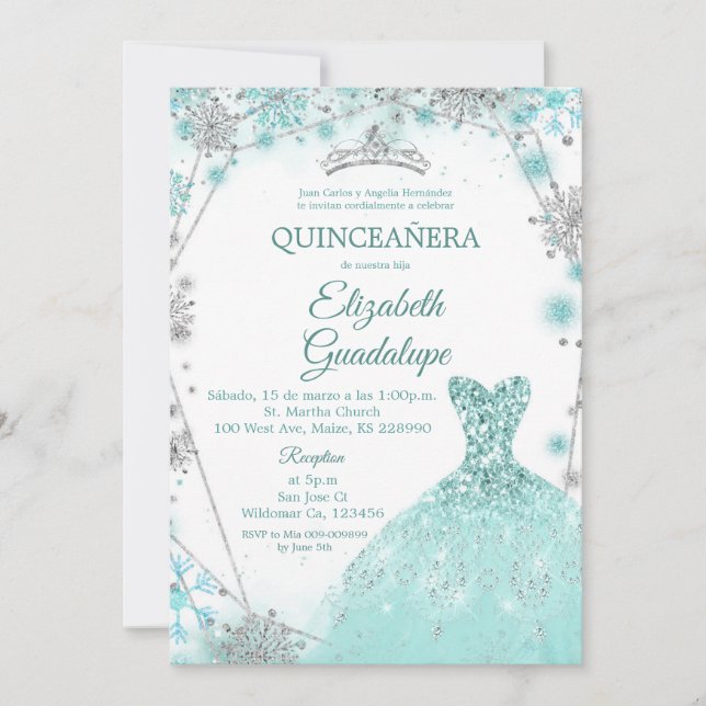 Green Teal Silver Winter Snowflake Quinceanera Invitation (Front)