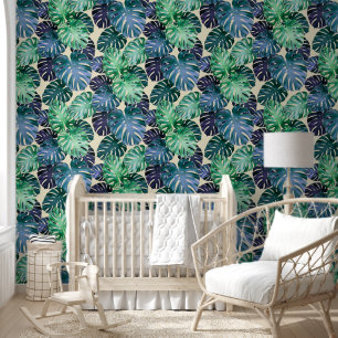 Green & Teal Tropical Monstera Leaves Wallpaper