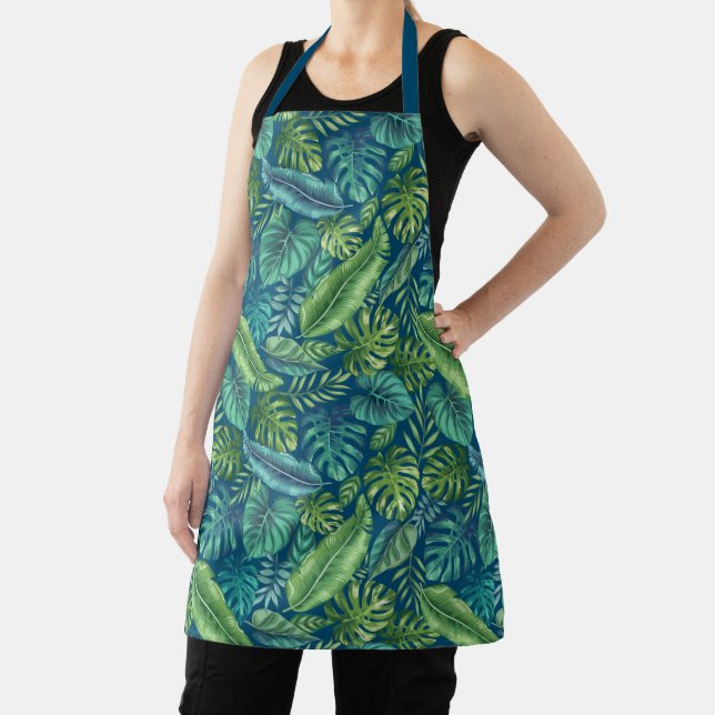 Green & Teal Tropical Palm Banana Monstera Leaves  Apron (Insitu)