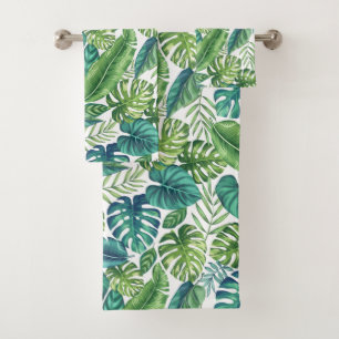 Green & Teal Tropical Palm Banana Monstera Leaves Bath Towel Set
