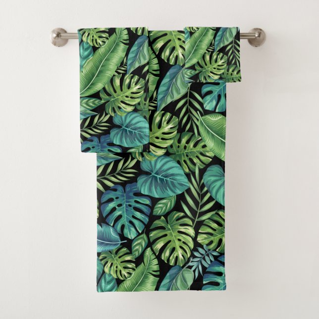 Green & Teal Tropical Palm Banana Monstera Leaves Bath Towel Set (Insitu)