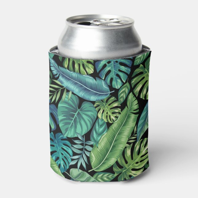 Green & Teal Tropical Palm Banana Monstera Leaves Can Cooler (Can Front)