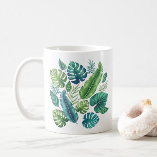 Green & Teal Tropical Palm Banana Monstera Leaves Coffee Mug