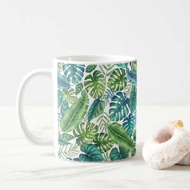 Green & Teal Tropical Palm Banana Monstera Leaves Coffee Mug (With Donut)