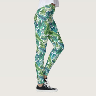 Green & Teal Tropical Palm Banana Monstera Leaves Leggings
