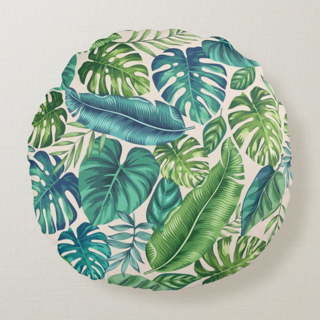 Green & Teal Tropical Palm Banana Monstera Leaves  Round Pillow (Front)