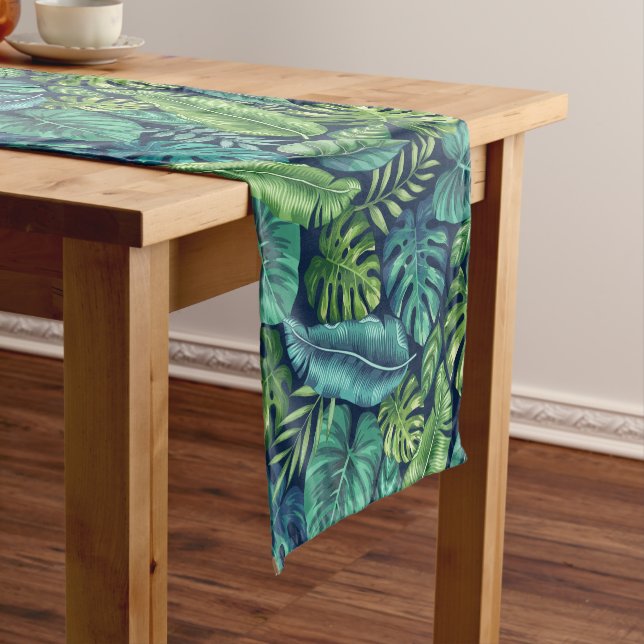 Green & Teal Tropical Palm Banana Monstera Leaves Short Table Runner (In Situ)