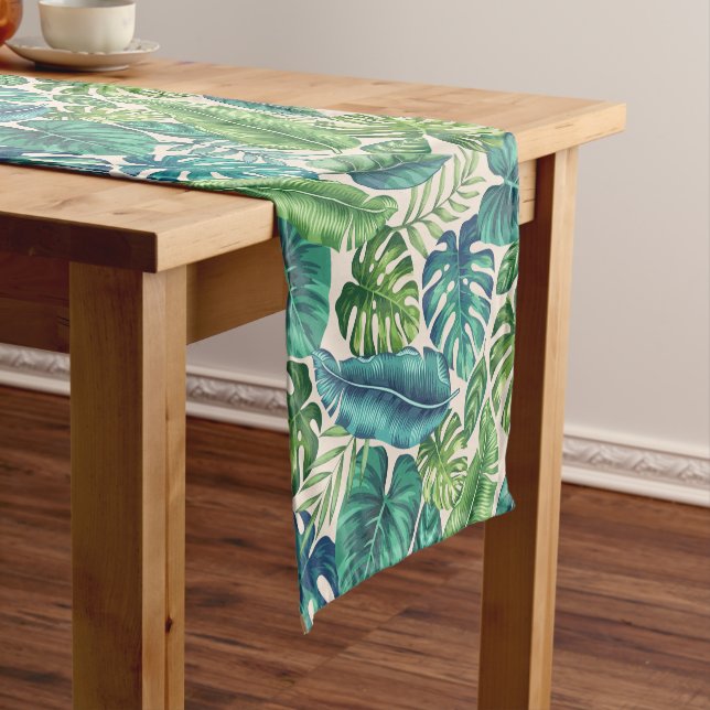 Green & Teal Tropical Palm Banana Monstera Leaves Short Table Runner (In Situ)