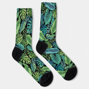 Green & Teal Tropical Palm Banana Monstera Leaves Socks
