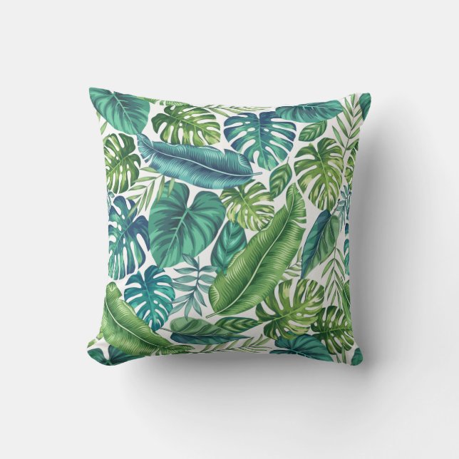 Green & Teal Tropical Palm Banana Monstera Leaves Throw Pillow (Front)