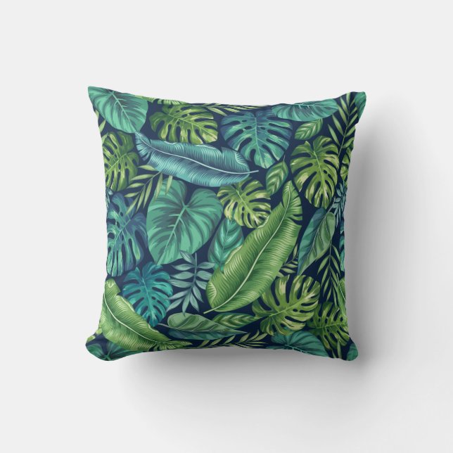 Green & Teal Tropical Palm Banana Monstera Leaves Throw Pillow (Front)