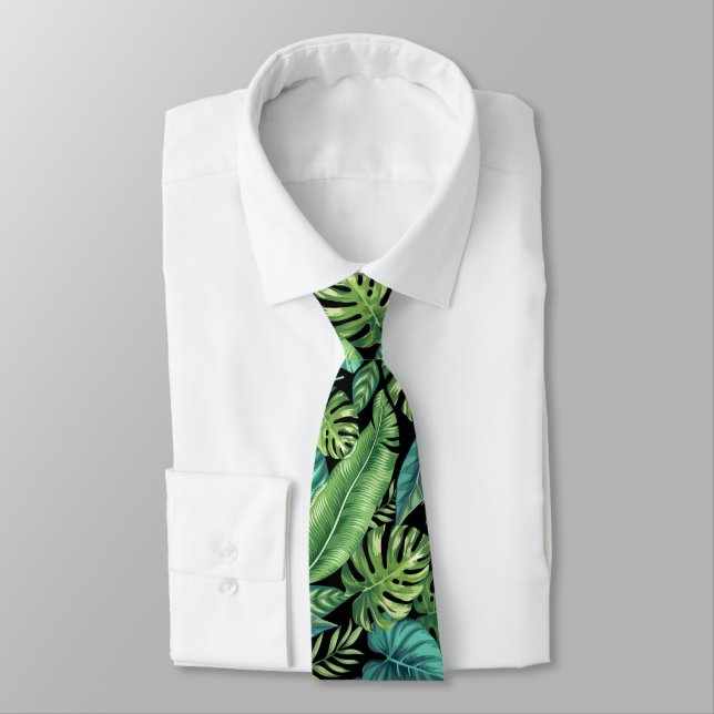 Green & Teal Tropical Palm Banana Monstera Leaves Tie (Tied)