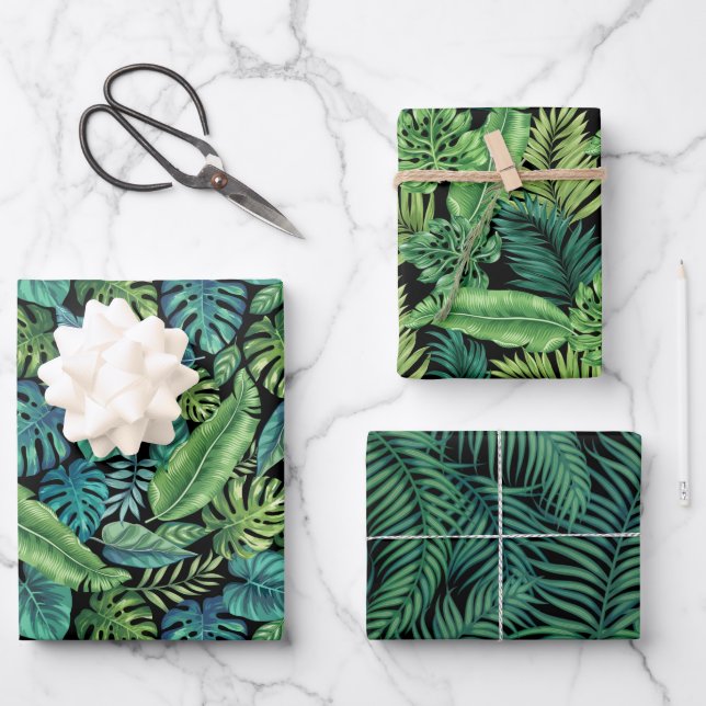 Green & Teal Tropical Palm Banana Monstera Leaves  Wrapping Paper Sheet (Front)