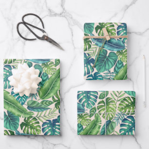 Green & Teal Tropical Palm Banana Monstera Leaves Wrapping Paper Sheet