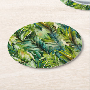 Green & Teal Watercolor Tropical Palm Leaves Round Paper Coaster