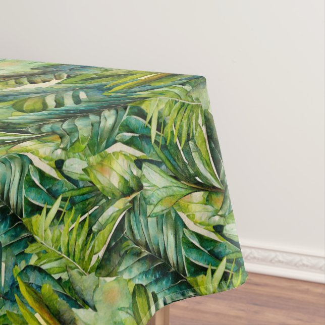 Green & Teal Watercolor Tropical Palm Leaves Tablecloth (In Situ)