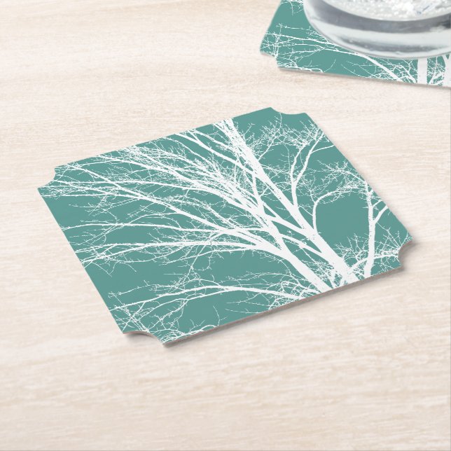 Green Teal White Bare Tree Branches Paper Coaster (Angled)