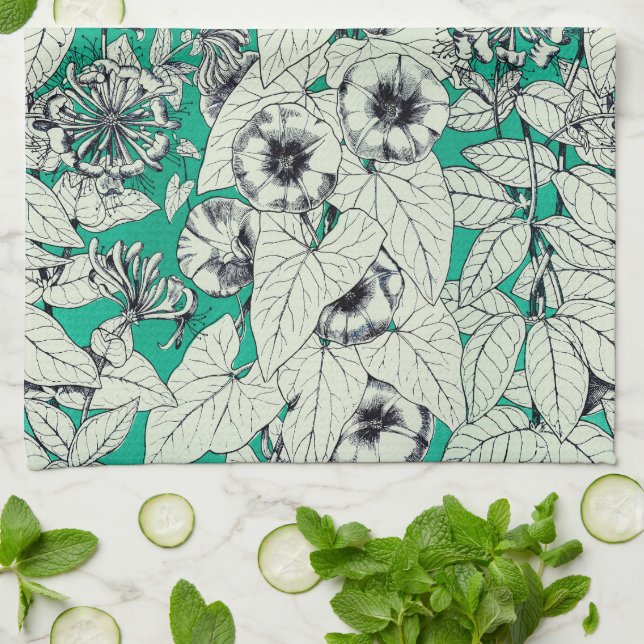 Green Teal White Graphic Flowers Pattern Kitchen Towel (Folded)