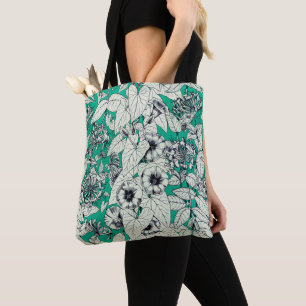 Green Teal White Graphic Flowers Pattern Tote Bag